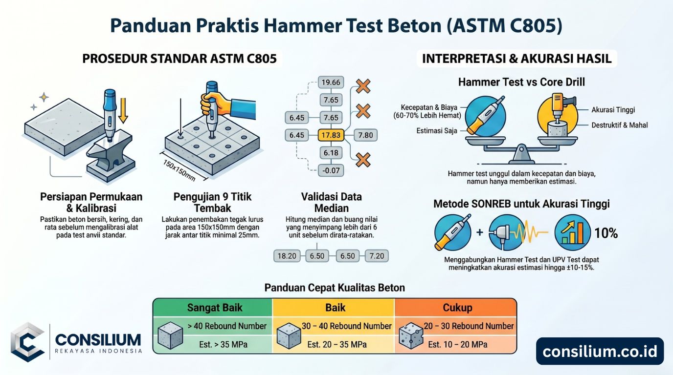 Panduan Lengkap Hammer Test Beton: Prosedur, Standar ASTM C805 & Interpretasi Hasil