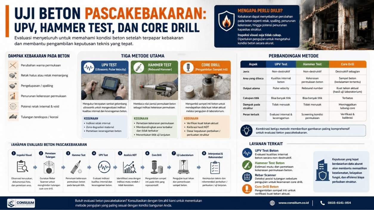 Uji Beton Pascakebakaran: Peran UPV, Hammer Test, dan Core Drill