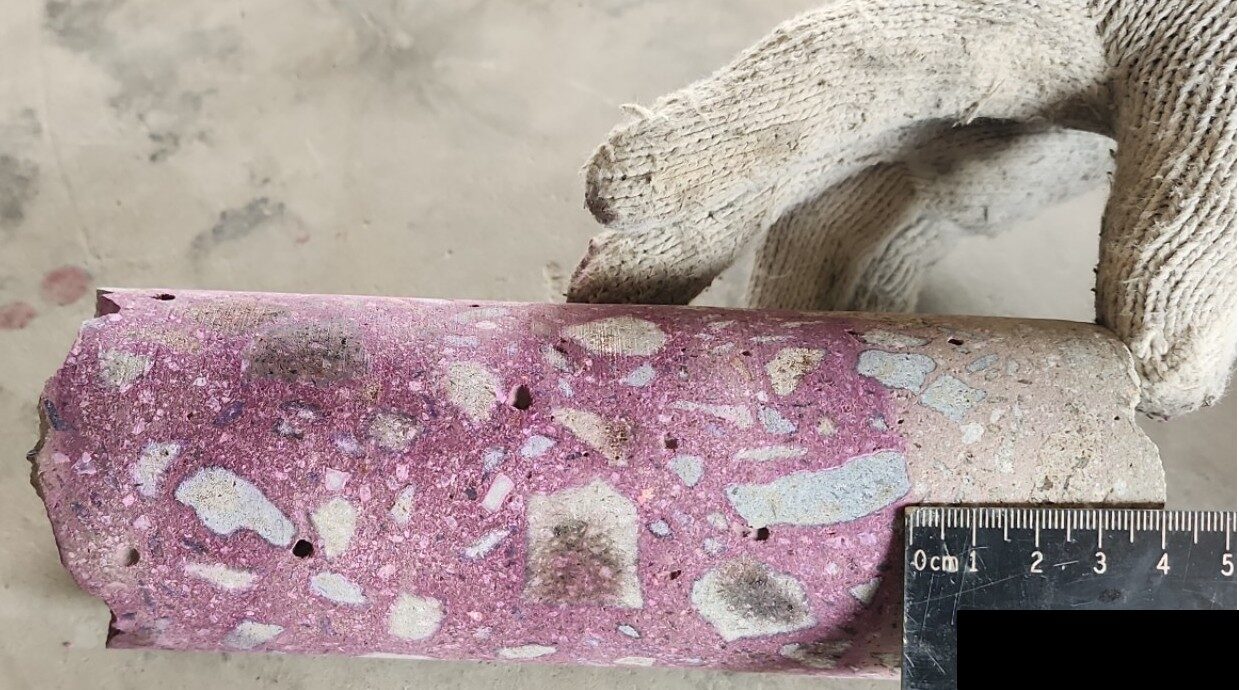 Dokumentasi perubahan warna ungu pada sampel inti beton saat uji karbonasi