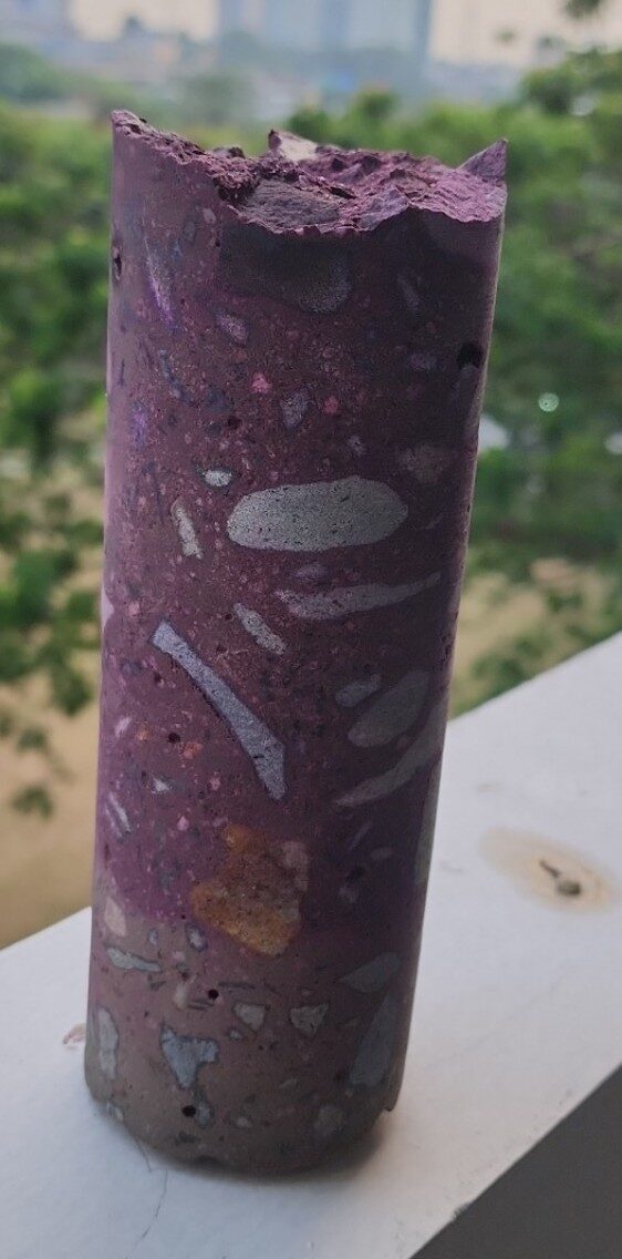 Sampel inti beton hasil core drill setelah aplikasi indikator untuk uji karbonasi